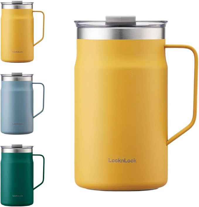 LocknLock Metro Mug Premium 18/8 Stainless Steel Double Wall Insulated with Handle Perfect for table with Lid, Yellow, 20 oz by LocknLock