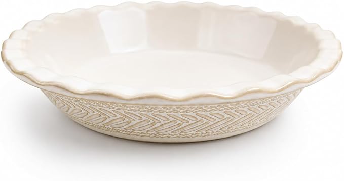 Farmhouse Ceramic Pie Pan, Deep Pie Dish, Beige, 9 in | Embossed & Ruffled Deep Pie Plate for Quiche, Porcelain, Microwave and Dishwasher Oven Dafe，Apple Pie, Chicken Pot Pie, Tart by Artebake