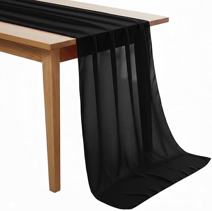 Pack of 5 | Black |14ft Chiffon Table Runner 29x170 Inches Long Romantic Rustic Sheer Gauze Runner for Wedding Bridal Shower Birthday Banquets Engagement Spring Easter Boho Decorations by MDS