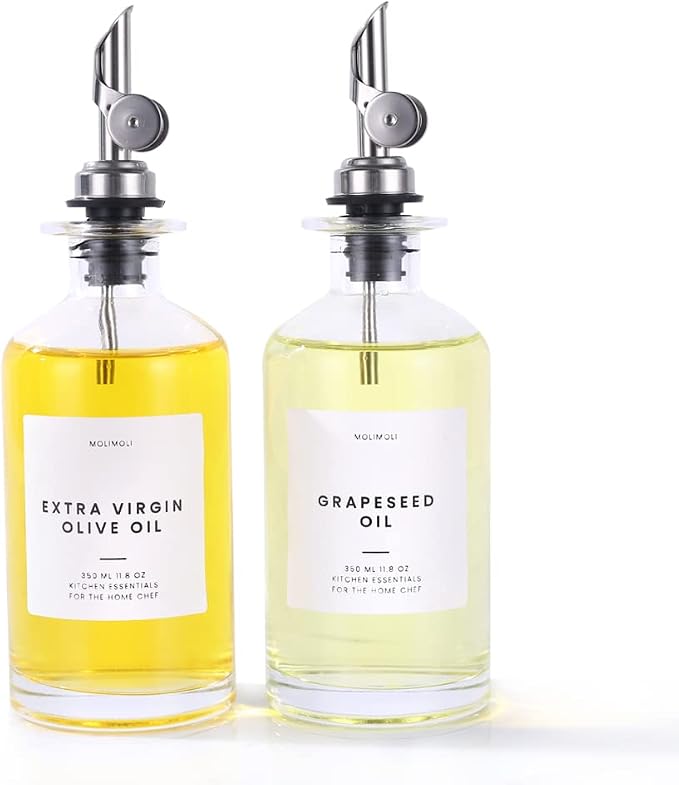 Molimoli Oil and Vinegar Dispenser with Metal Pour Spout, Weighted Pourer, Glass Bottle Dispenser for Kitchen, Olive Oil Cruet, Glass Olive Oil Bottle | 350ml, Set of 2 by MoliMoli