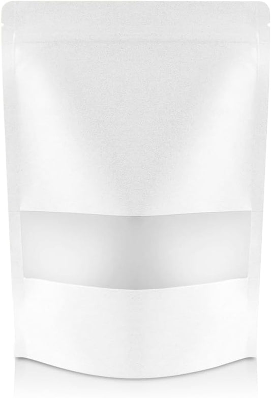 DiRose White Kraft Stand Up Pouches with Window, Reclosable Food Storage Bags, Heat Sealable Stand Up Pouch for Coffee, Candy, Nuts, Tea, Spices – 2 oz (100 Pack) by DiRose
