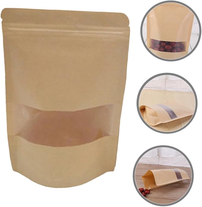 Ciieeo 50pcs Kraft Paper Bags Window Sealable Stand-up Storage Bags Safe Food Packaging for Nuts Cookies Candy Dried Fruit - Image 4