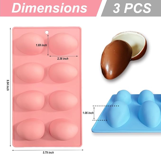 3 Pack 3D Easter Egg Silicone Molds, 8 Cavity Egg Shape Non-stick Baking Molds Tray DIY Baking Tool for Easter Chocolate Cake Dessert Muffin Mousse Pastry Handmade Soap Crayons - Image 2