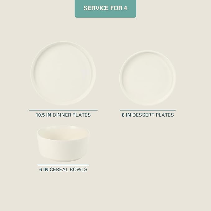 Gibson Home Dempsey Road 12-Piece Stoneware Dinnerware Set – Service for 4, Round White Plates and Bowls, Durable Solid Color Modern Embossed Dish Set, Microwave & Dishwasher Safe - Image 2