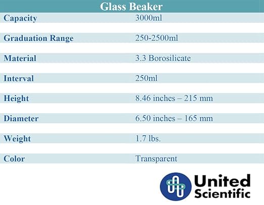 United Scientific™ Borosilicate Glass Beaker, 3000ml, Autoclavable, 1 Each | Autoclavable Lab Glassware for Research and Classroom, Thermal Shock Resistant, Molded Pour Spout, Griffin Low Form Design - Image 8
