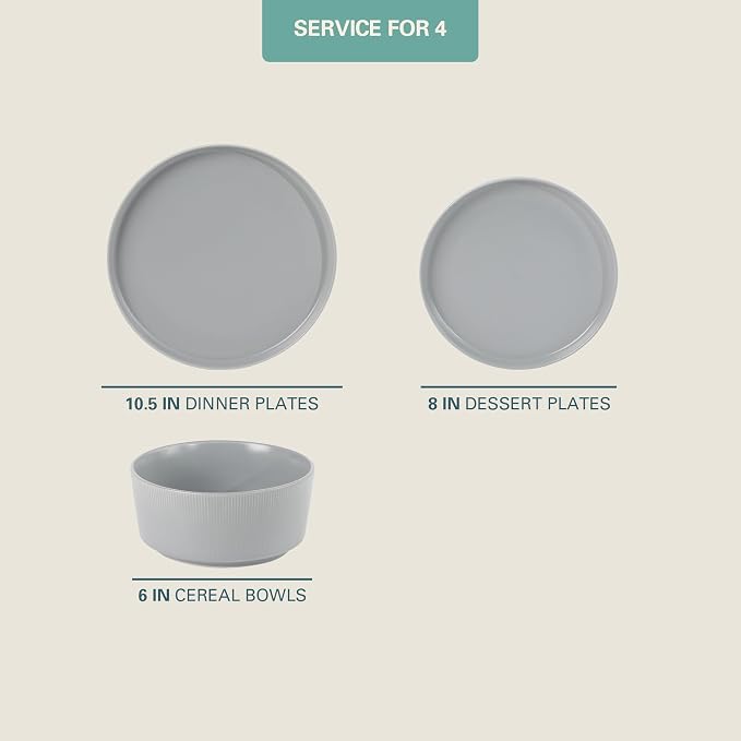 Gibson Home Dempsey Road 12-Piece Stoneware Dinnerware Set – Service for 4, Round Grey Plates and Bowls, Durable Solid Color Modern Embossed Dish Set, Microwave & Dishwasher Safe - Image 2