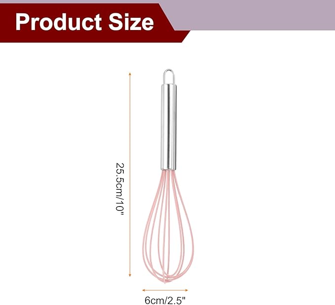 HARFINGTON 5Pcs Silicone Whisk 10" Kitchen Whisk Wire Whisks Beater with Stainless Steel Handle for Egg Milk Whisking Blending Beating & Stirring, Pink