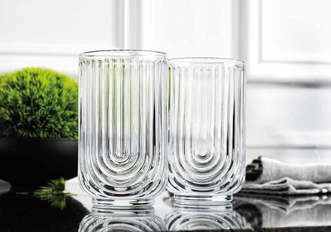 Glaver's Vintage Glassware Art Deco Glasse Ribbed Drinking Glasses U-Shape Arch Design Colored Cocktail Kitchen Tumblers Everyday Dinner Decorative Party (Clear S/4 17oz) - Image 4