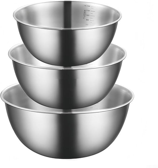 3 Pcs Stainless Steel Mixing Bowls Set with Scale for Cooking and Baking, Stackable and Dishwasher Safe, Featuring Clear Measurement Lines
