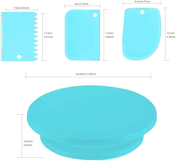 Cake Decorating Turntable,Cake Decorating Supplies with Decorating Comb/Icing Smoother(3pcs),2 Icing Spatula with Sided & Angled … (Blue 11 In)