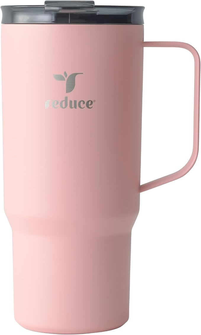 REDUCE 24 oz Hot1 Vacuum Insulated Mug for Hot Tea, Coffee and Other Hot Drinks - With Flo-Motion Lid and Handle, Single-Serve and Cupholder Friendly, Keeps Drinks Hot for up to 8 Hrs, Pink Salt by Reduce