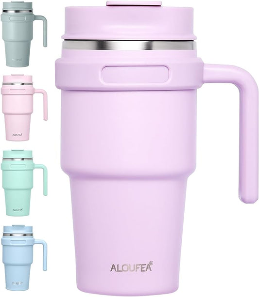 20 oz Insulated Travel Coffee Mug Tumbler with Handle and Straw | Leakproof Stainless Steel Coffee Cup with Lid, Double Wall Vacuum Ice Thermal Cup, Lavender by ALOUFEA