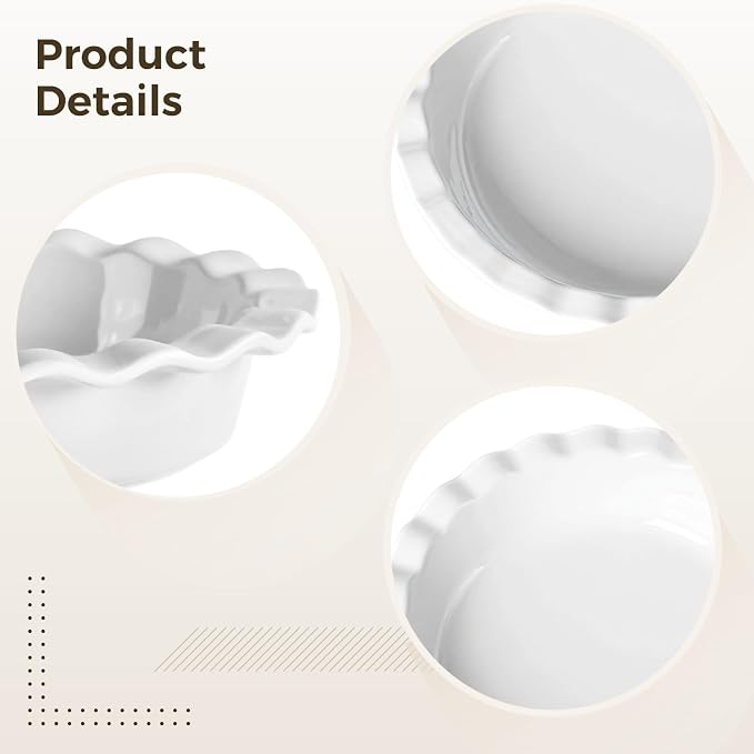 2 PCS Ceramic Pie Pans, 9.8 in Large Tart Pan, Quiche Pan, Deep Dish Pie Plate for Baking, White, Wavy Design - Image 2