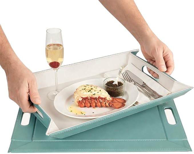 FREEFORM PLACEsMAT 2-in-1 Faux Leather Placemat & Serving Tray | Reversible Design, Lays Flat & Easy to Clean | Ottoman Food Tray, Perfect Housewarming Gift, 18” x 14” (Seafoam Blue & Stone, Single) by FREEFORM