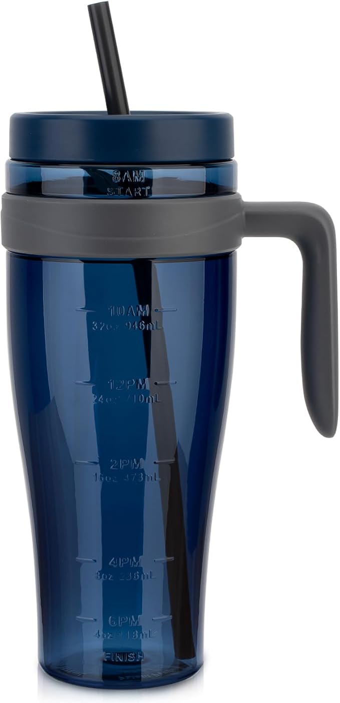 Hydraful 50 oz Tritan Plastic Tumbler with Lid and Straw and Handle - 100% Leak-Proof - Perfect for Iced Coffee, Smoothies, and Juice - Wide Mouth Reusable Water Bottle with Time Marker