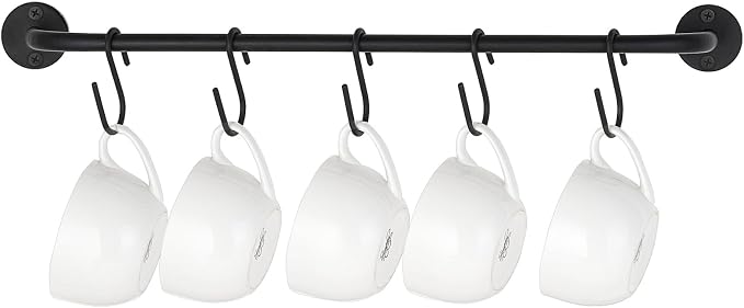 Mkono Wall Mounted Mug Holder, Coffee Cup Hanger Rack with 5 Hooks, 1 Pack | Kitchen Rod, Space Saving, Easy Assembly, Wall & Under Cabinet, Durable Metal, Kitchen Dining Bar Organizer, Multi-Function by Mkono