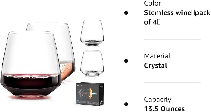 OJA Wine Glasses Set, Crystal Stemless Red Wine Glass, Set of 4, 13.5 oz | Dishwasher Safe, Red White Wine glass, Hand Blown, Unique Gifts for Him Her for Birthday, Wedding, Christmas, Anniversary - Image 8