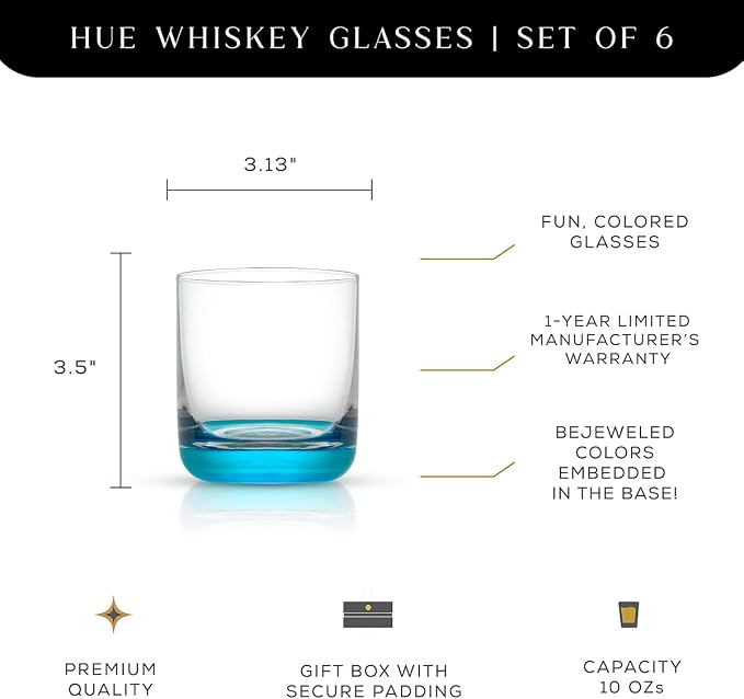 JoyJolt Hue Colorful Whiskey Set of 6, 10oz Drink Glasses, Double Old Fashioned Glass, Modern Whiskey Glass Set for Bar, Low Ball Cocktail Tumbler Glasses - Image 2