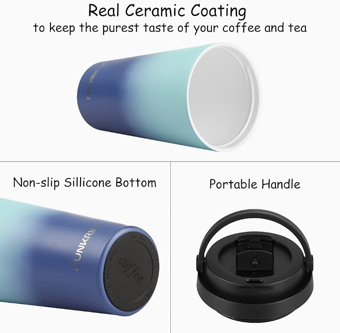 Funkrin Insulated Coffee Mug with Ceramic Coating, 16oz Iced Coffee Tumbler Cup with Flip Lid and Handle, Double Wall Vacuum Leak-Proof Travel Mug for Office School Party Camping - Image 2