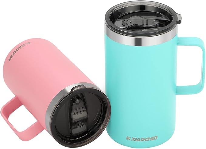 KXIAOCHEN 2-Pack 20 oz Insulated Coffee Mugs, Coffee Cups with Wide Handles | 18/8 stainless steel, sliding lids, 6+ hours hot or 12+ hours cold, wide mouth, no-sweat, for office, home, camping and gifts by KXIAOCHEN