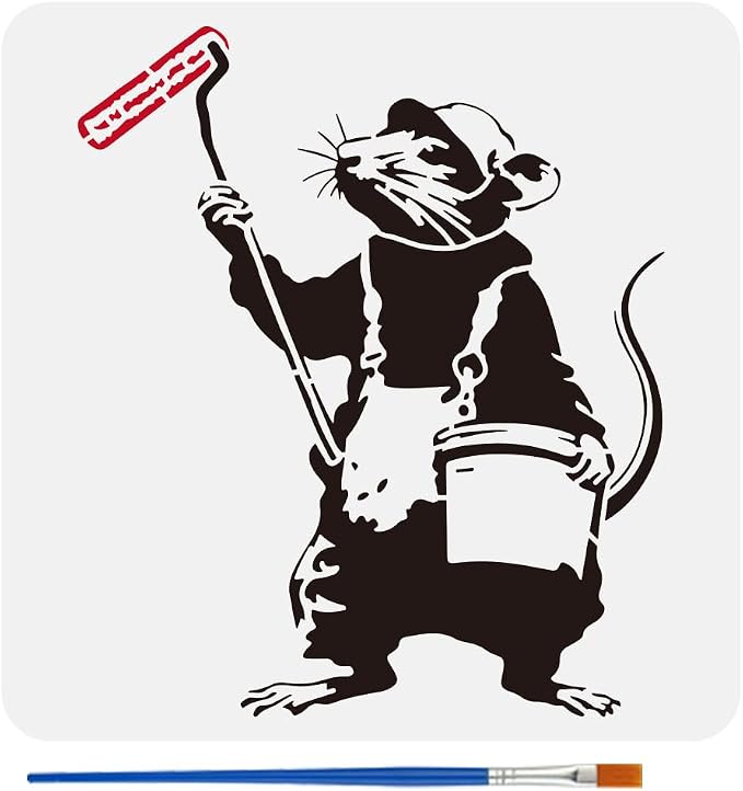 FINGERINSPIRE Banksy Mouse Stencil for Painting with Brush 11.8x11.8inch Reusable Mouse Holding Paint Roller Template Hollowed Rat Carrying Paint Bucket Stencil Plastic PET Banksy Theme Template by FINGERINSPIRE