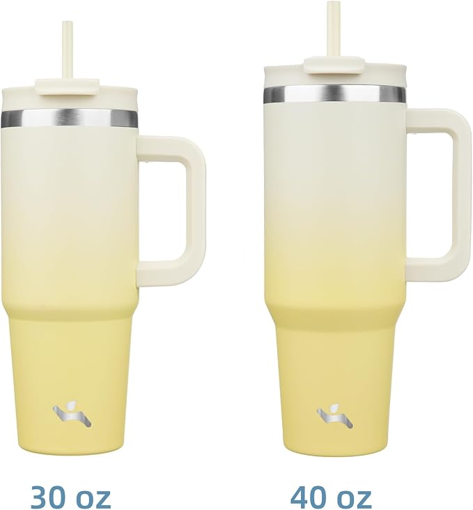 Konokyo 40 oz Insulated Tumbler Water Bottle with Handle, Straw Lid | BPA-free and dishwasher safe; made for gym, travel, coffee and gifting, 2 straws, cup holder friendly,Lemon - Image 3