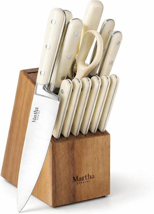 MARTHA STEWART Eastwalk 14 Piece High Carbon Stainless Steel Cutlery Kitchen Knife Block Set w/ABS Triple Riveted Forged Handle Acacia Wood Block - Linen White by MarthaStewart