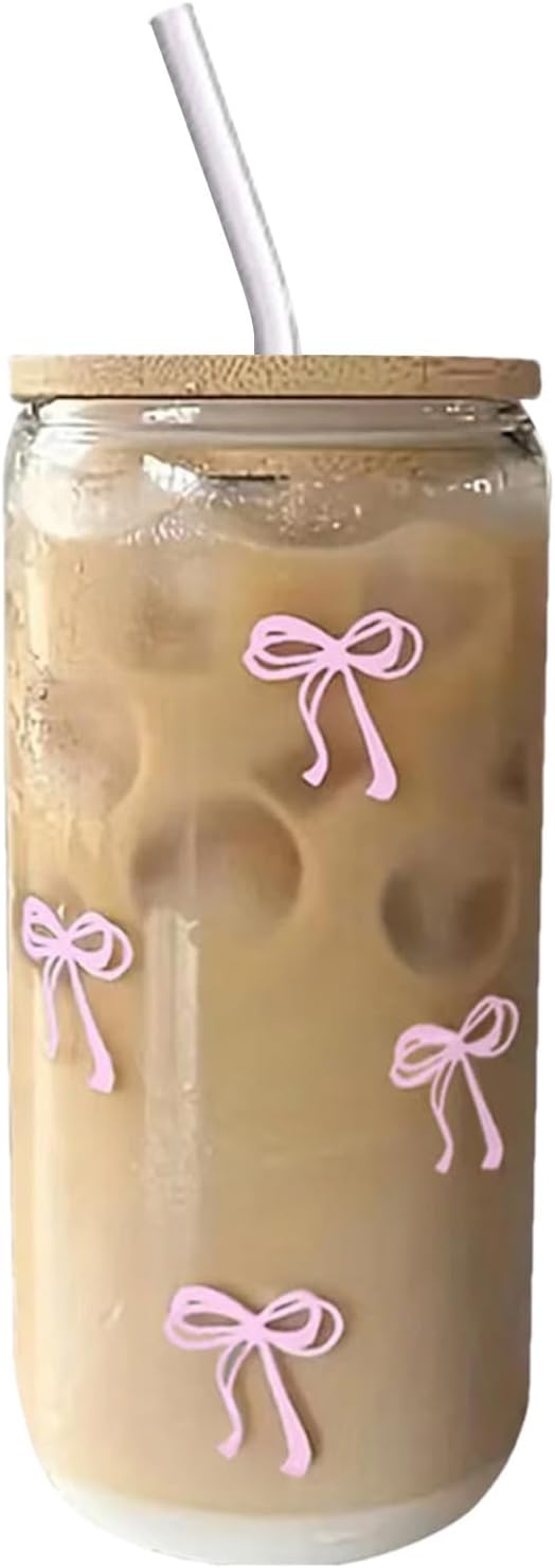 Glass Tumbler – With Straw and Lid, 500ml Bow Cup, Borosilicate Glass, Spill Resistant Lid Design, Reusable Straw Included, Easy Grip Handle | Iced coffee, tea, smoothies, cold beverage