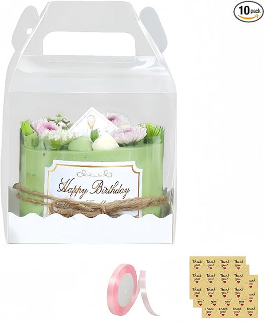 10Pcs Clear Cake Boxes with 10 Stickers and 1 Roll Ribbon Transparent Cake Carriers Plastic Cupcake Candy Food Storage Box for Home Wedding Birthday Party Favors Decor,5.5"X5.5" by Unknown