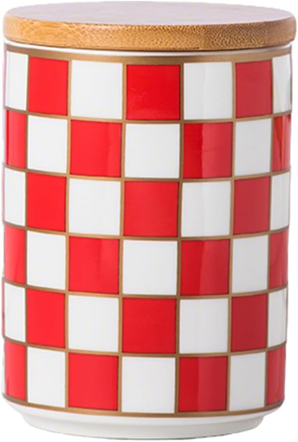 Kitchen Countertop Ceramic Checkered Canisters,Black And White Food Storage Containers With Lid,Airtight Kitchen Canisters for Flour, Sugar, Coffee, Tea, and Dry Goods (Red, Small) by XYQXYQ