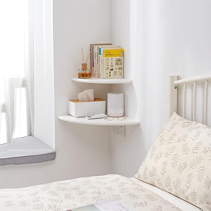 White Corner Shelf, Wall Mount Natural Oak Wood Floating Corner Wall Shelf Round End Small Corner Nightstand Plant Shelf for Bedroom, Kitchen, Living Room 10inch - Image 7