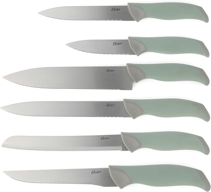 Oster Lindbergh 14 Piece Stainless Steel Kitchen Knife Block Set - Sage Green W/Black Knife Block - Cuchillos Para Cocina - Image 4