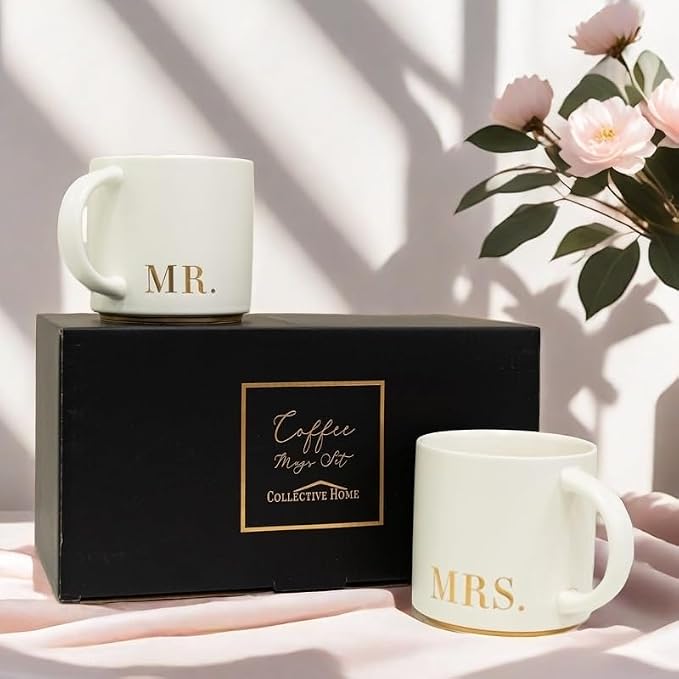 COLLECTIVE HOME Mr. & Mrs. Ceramic Coffee Mug Set, 15oz, 2-Piece | Luxury Wedding Gift for Couples, Elegant Coffee Cups for Newlyweds, Anniversary & Engagement Gift, Gift Box Set - Image 3