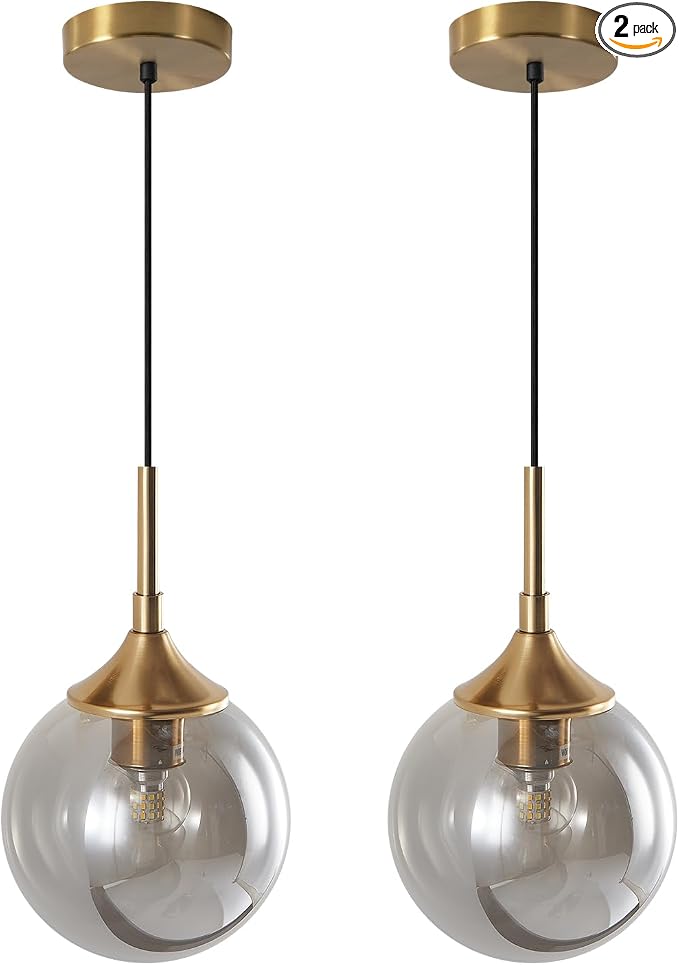 KCO Lighting 2 Pack Brass Gold Small 7.1” Smoky Glass Globe Pendant Lights | E26 Adjustable Cord for Sloped Ceilings, Mid Century Modern Gold Hanging Light Fixture for Kitchen Island Sink Dining Table by KCOLighting