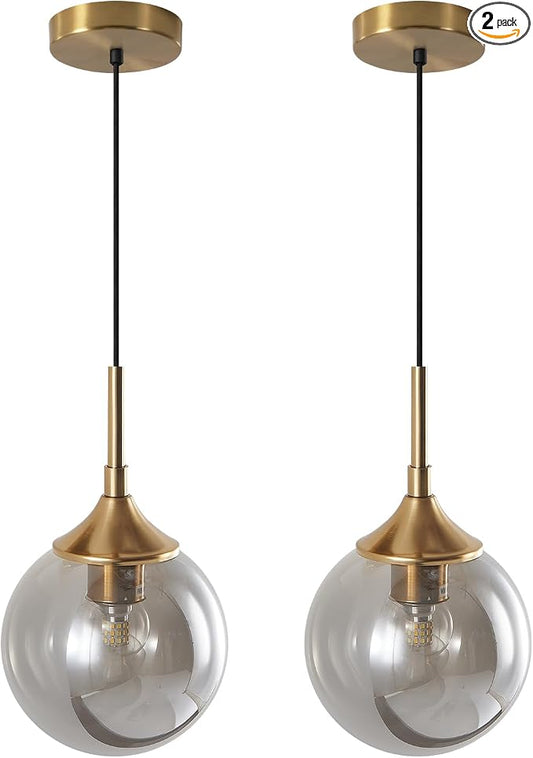 KCO Lighting 2 Pack Brass Gold Small 7.1” Smoky Glass Globe Pendant Lights | E26 Adjustable Cord for Sloped Ceilings, Mid Century Modern Gold Hanging Light Fixture for Kitchen Island Sink Dining Table by KCOLighting
