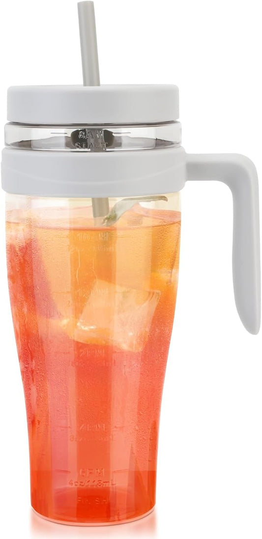 Hydraful 50 oz Tritan Plastic Tumbler with Lid and Straw and Handle - 100% Leak-Proof - Perfect for Iced Coffee, Smoothies, and Juice - Wide Mouth Reusable Water Bottle with Time Marker