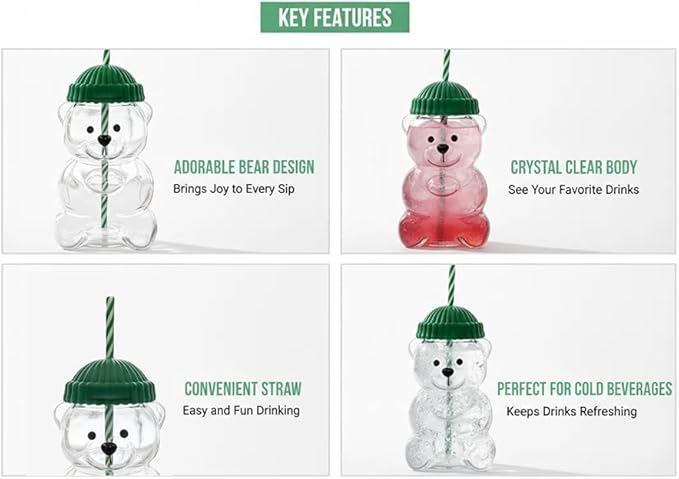 2025 New Bear Straw Glass Cup, 20oz Cute Glass Mug with Straws for Coffee, Juice, Milk and Tea, Leak-Proof Lid, BPA-Free (1 PC)