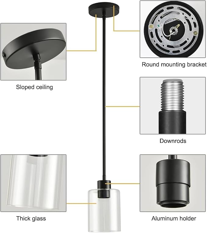 Black Pendant Lights Kitchen Island,Modern Farmhouse Glass Pendant Light,Light Fixture Kitchen Pendant Mini Hanging Light Fixture for Sink (1 Pack Black stem Rod) - Image 5