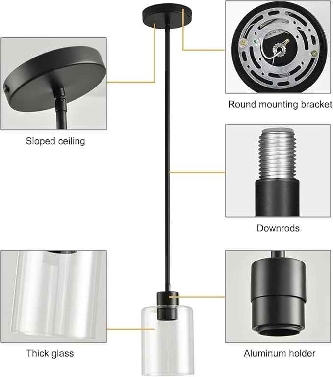 3 Pack Black Pendant Lights Kitchen Island, Modern Industrial Matte Black Hanging Light Fixtures, Adjustable Downrod Farmhouse Glass Pendant Lighting for Dining Room Bedroom Hallway Entryway - Image 5