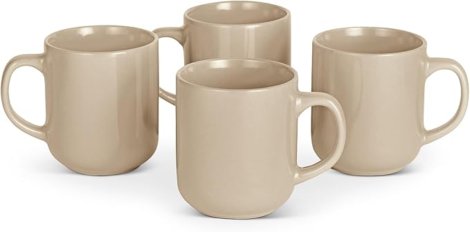 Amazon Basics Stoneware Coffee Mugs, 16 oz, 4-Piece Set, Gloss-Glazed, Stain-Resistant, Microwave, Freezer and Dishwasher-Safe, Linen Gray by AmazonBasics