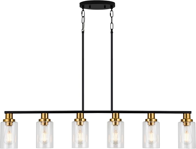 Island Light for Kitchen, 6-Light Farmhouse Dining Room Light Fixture with Clear Glass Shade, 44.3'' Matte Black and Gold Linear Chandelier Pendant Lighting for Dining Table Kitchen Living Room - Image 7