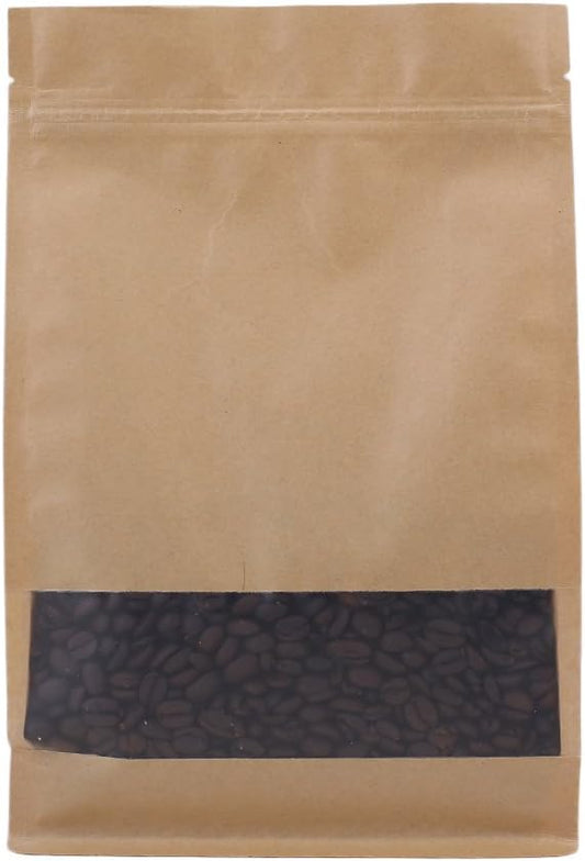 100PCS Brown Kraft Stand-Up Side Gusset Zip Top Lock Bags w/Window 18x28+8cm (7x11+3.1") by QQStudio