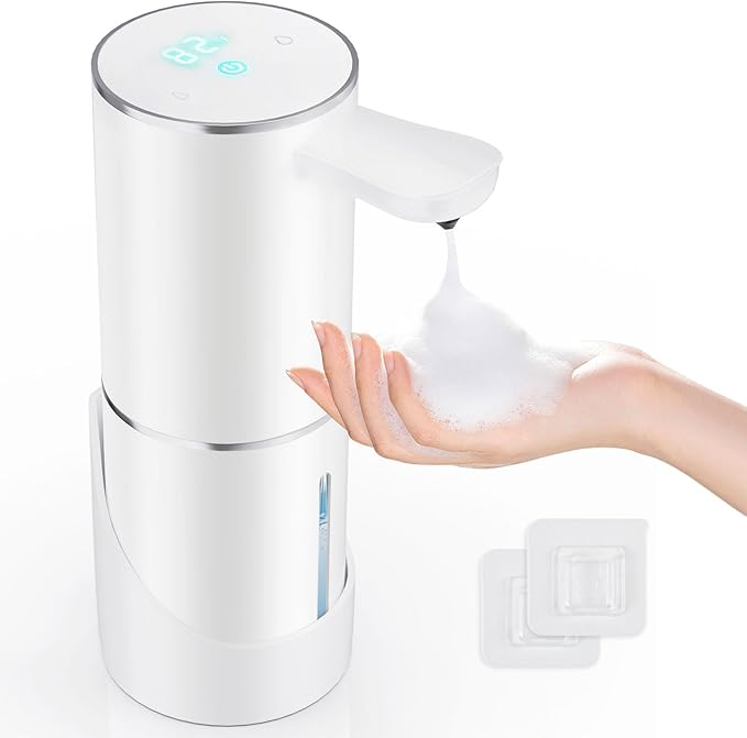 Automatic Foaming Soap Dispenser Touchless, 15.55 oz/460mL USB C Rechargeable Hand Sanitizer Dispenser with Auto Clean, 5 Adjust Volume,°C&℉ display, Waterproof Pump for Bathroom Kitchen (White)