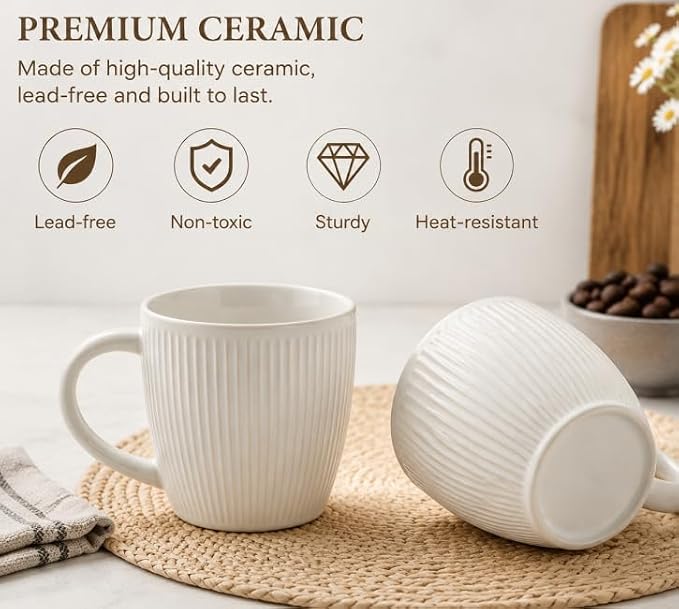 Ceramic Coffee Mug Set of 4,14 oz Vertical Striped Texture Tea Cups | White Porcelain Mugs with Handle for Latte, Cappuccino, Milk, Microwave & Dishwasher Safe, Wedding & Housewarming Gift - Image 2