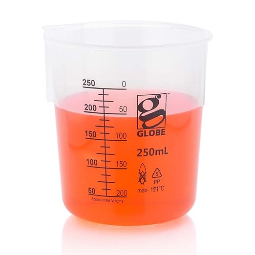 Globe Scientific 3650-250 Diamond Essentials PP Griffin Style Low Form Beaker, Printed Graduations, 250ml Capacity, Pack of 6