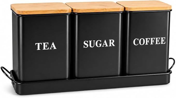 Coffee Tea Sugar Container Set , 50 oz Metal Kitchen Canisters-Black | Countertop Storage Containers with Wood Lids and Tray, Storage Canister for Coffee Bar, Pantry and Farmhouse Kitchen Decor by Unknown