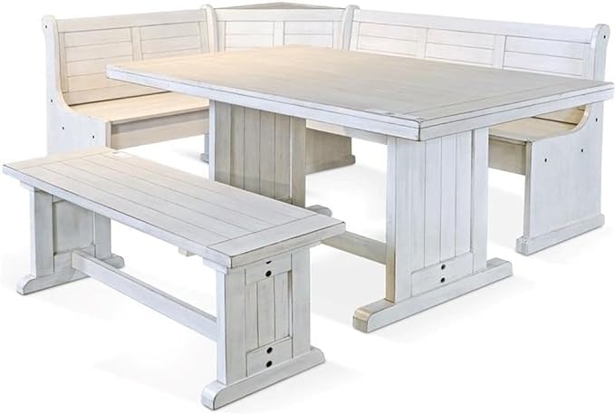 Pemberly Row 75" x 56" Farmhouse Wood Breakfast Nook Set with Table, Storage, Reversable Benche, L-Shaped Corner Bench, for Dining Room, in Marble White Finish by PEMBERLYROW