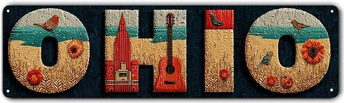 OHIO Vintage Metal Sign -Retro Typography Wall Decor with Golden Wheat Field, Guitar & Cardinal Bird Art - Aluminum Wall Plaque for Farmhouse, Music Room, Office & Buckeye State Gift by Unknown
