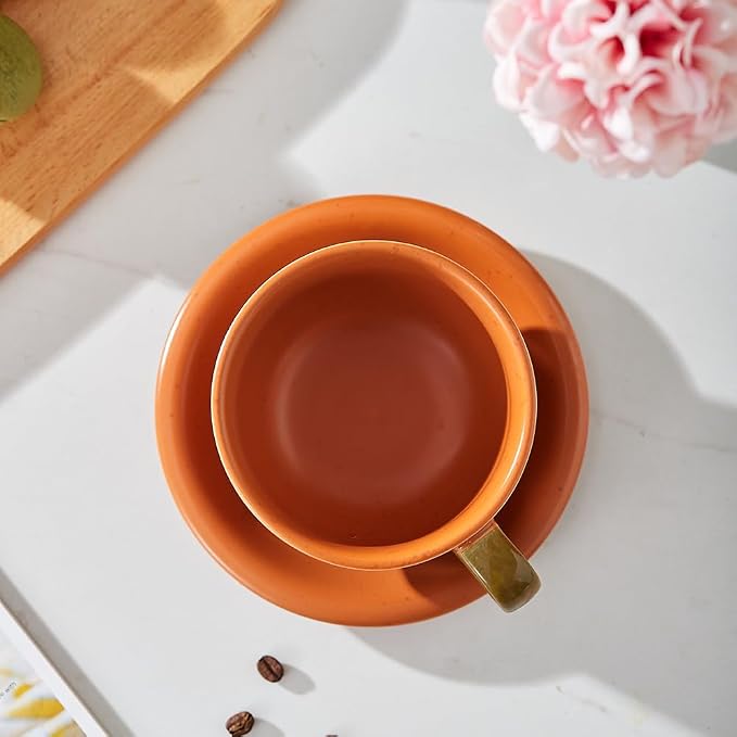 Coffeezone Vintage Design 12 oz Ceramic Latte Art Cappuccino Barista Cup with Saucer (Pumpkin Orange) - Image 4