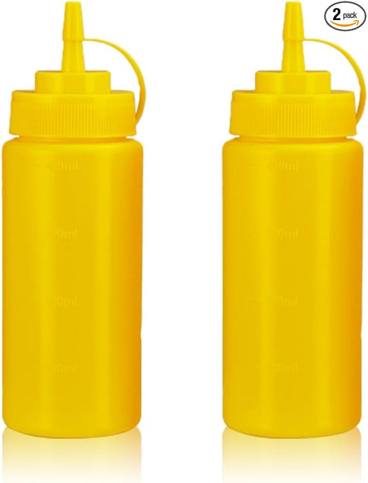 Squeeze Bottles for Sauces,Leak-Proof Condiment Dispenser, BPA-Free Kitchen Restaurant Squeeze Bottle Set with Wide Mouth for Ketchup, Mustard,Syrup,Dressings (Yellow, 2Pack-16oz(400ml))